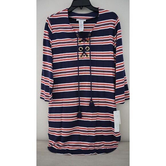 La Blanca LB3ZC55 Women Sz S Blue Sailor Stripe Lace-Up Swim Cover-Up Tunic $103 - Picture 1 of 16
